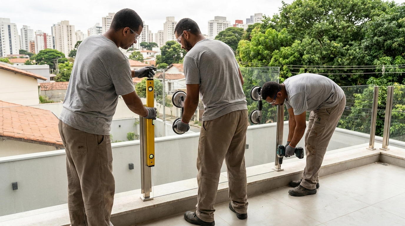 Guarda-corpo em terraço alto com vista cidade em Sorocaba-SP